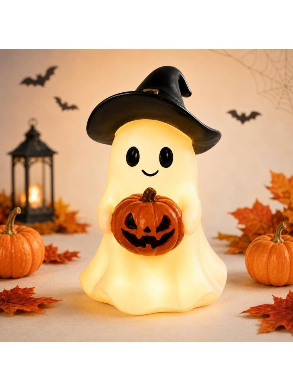 Halloween 130-lighted Ghost Figurine Cartoon Holding Two Bats For Home Decor